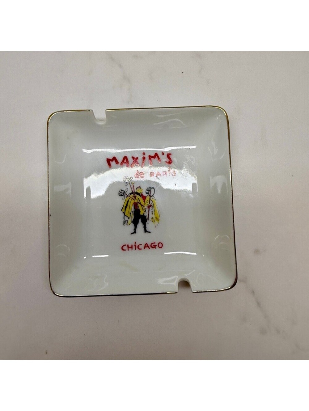 Vintage Maxims de Paris Chicago Porcelain Ashtray Gold Trim Mid Century Retro